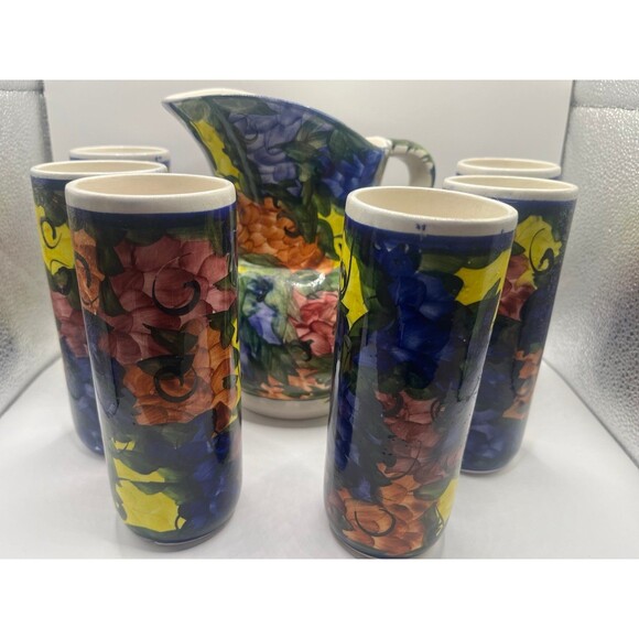 7 pc Set Talavera Pitcher with 6 HANDMADE CUPS glasses  Rare Talavera Pottery Water Pitcher Set 7 pc